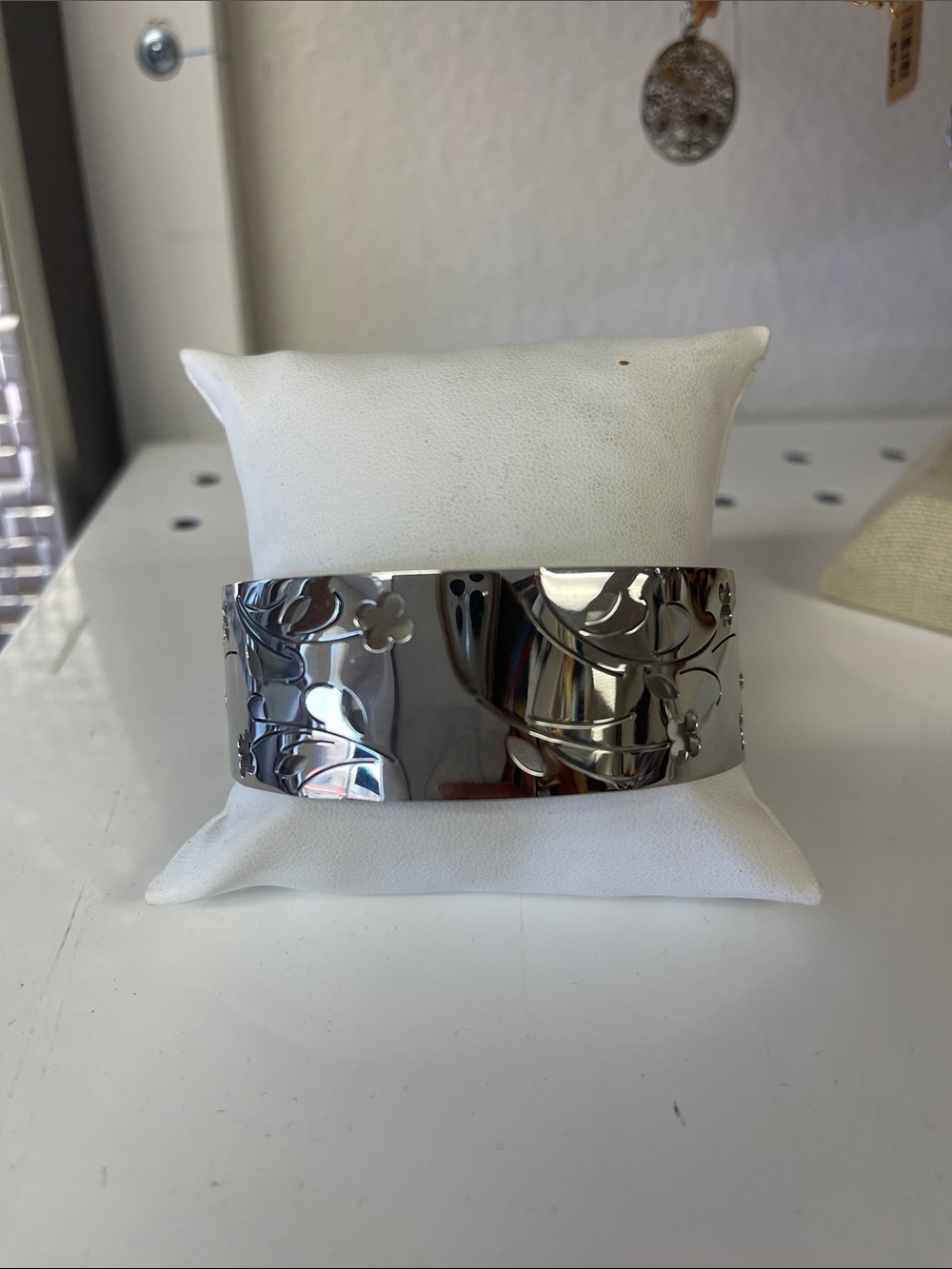 Floral Engraved Silver Metal Cuff Bracelet